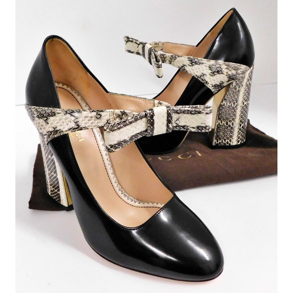 GUCCI Nimue Snakeskin Bow Polished Leather Pumps Size 36.5 (6.5 US) $1000rt - Picture 2 of 8